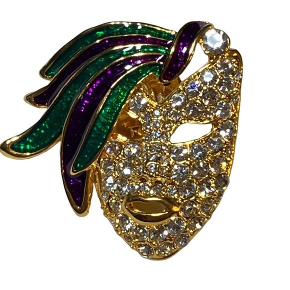 Maudi Gres Face Pin Brooch  Gold Tone with Rhinestones - Picture 1 of 7